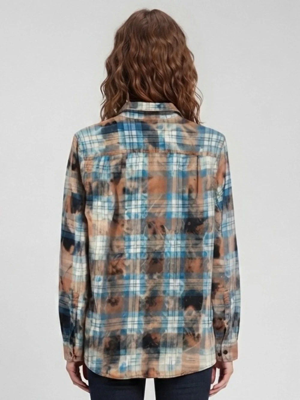 Upcycled Bleach Dyed Flannel Shirt XS 18.5” P2P Blue/Peach NWOT